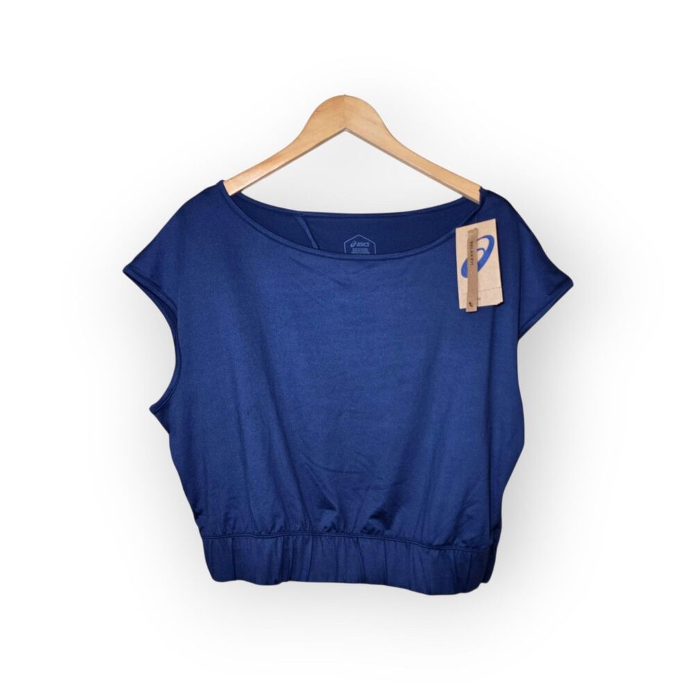 ASICS Womens Large Nagino Flex Short Sleeve Top NWT Blue Open Back Yoga Crop